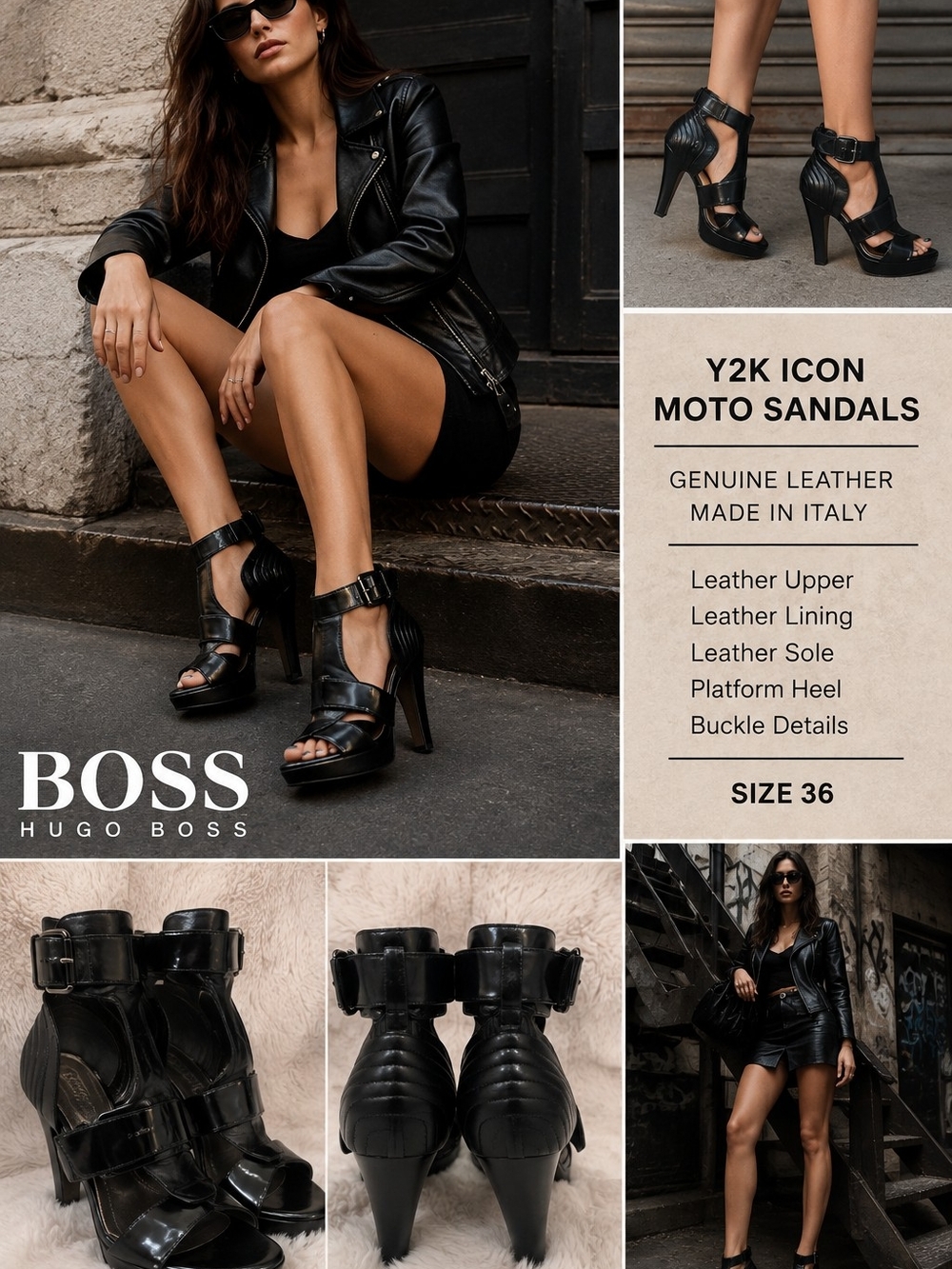 Hugo Boss Y2K Icon Moto Sandals - Black